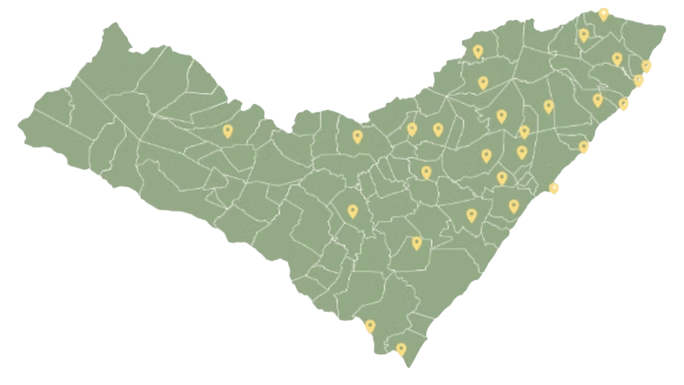 Mapa de Alagoas com municípios atendidos